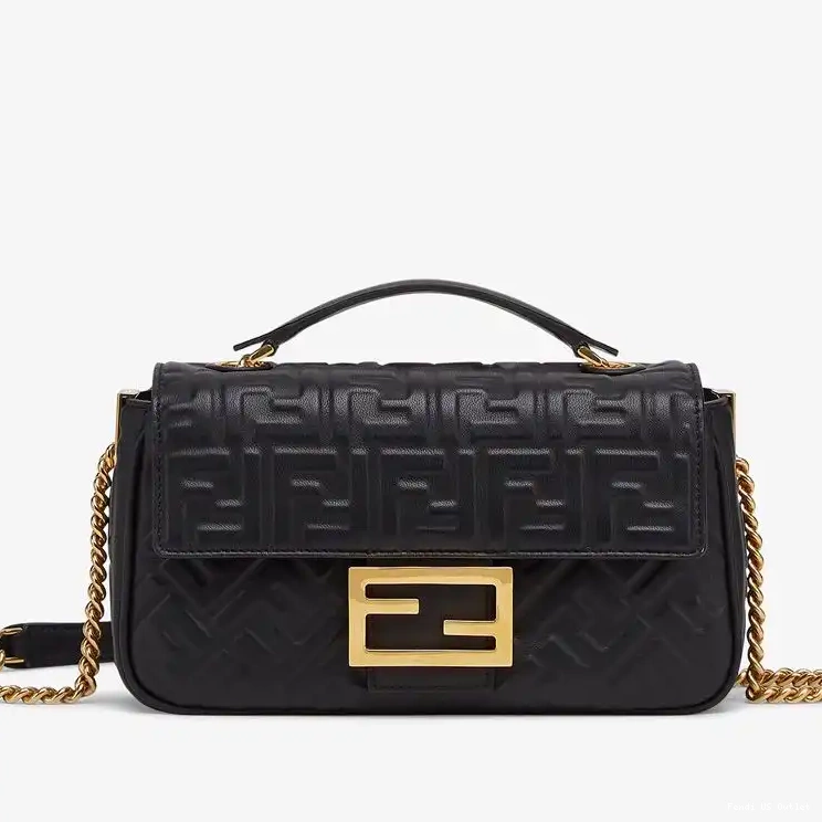 Affordable HOT Chain Black Motif Baguette Leather Midi Fendi Bag Nappa FF In 0523
